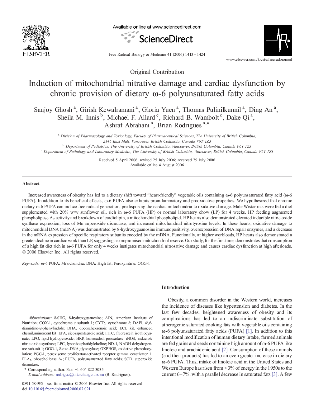 Induction of mitochondrial nitrative damage and cardiac dysfunction by chronic provision of dietary ω-6 polyunsaturated fatty acids