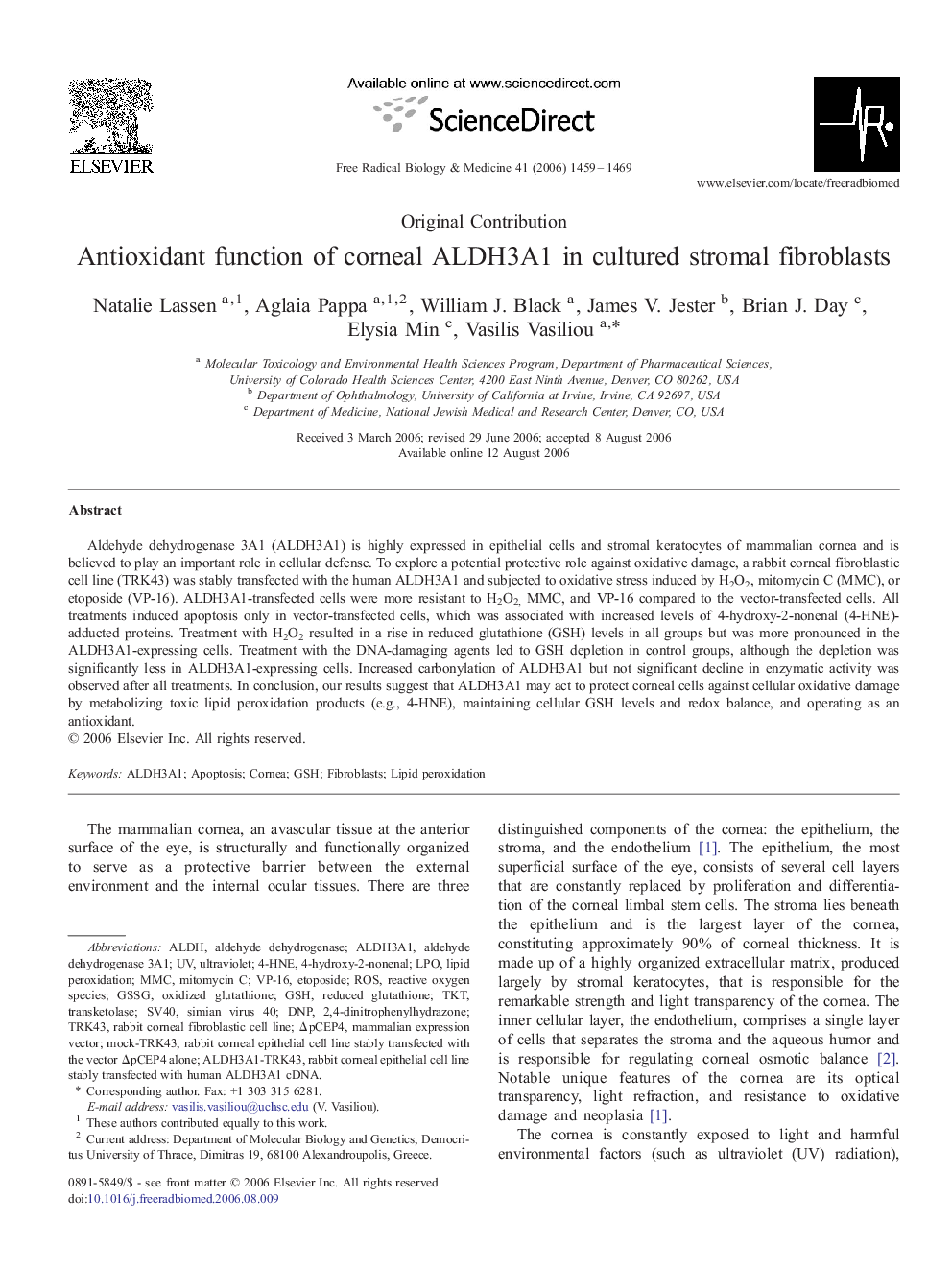 Antioxidant function of corneal ALDH3A1 in cultured stromal fibroblasts