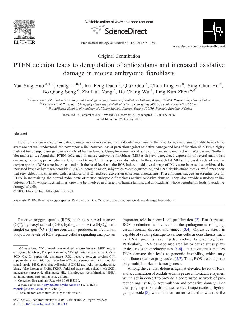 PTEN deletion leads to deregulation of antioxidants and increased oxidative damage in mouse embryonic fibroblasts