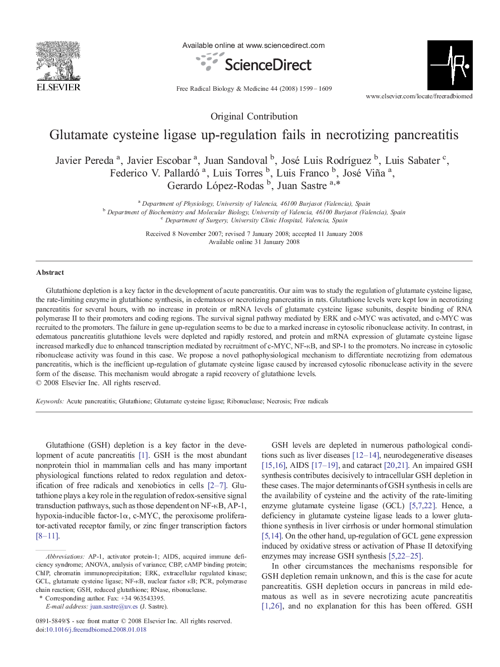 Glutamate cysteine ligase up-regulation fails in necrotizing pancreatitis