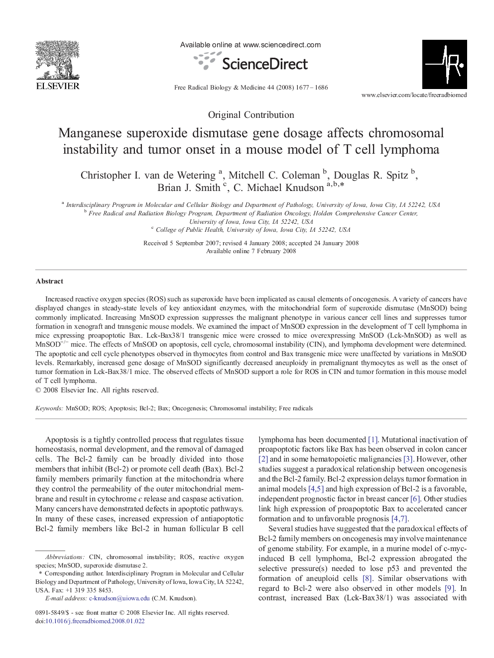 Manganese superoxide dismutase gene dosage affects chromosomal instability and tumor onset in a mouse model of T cell lymphoma