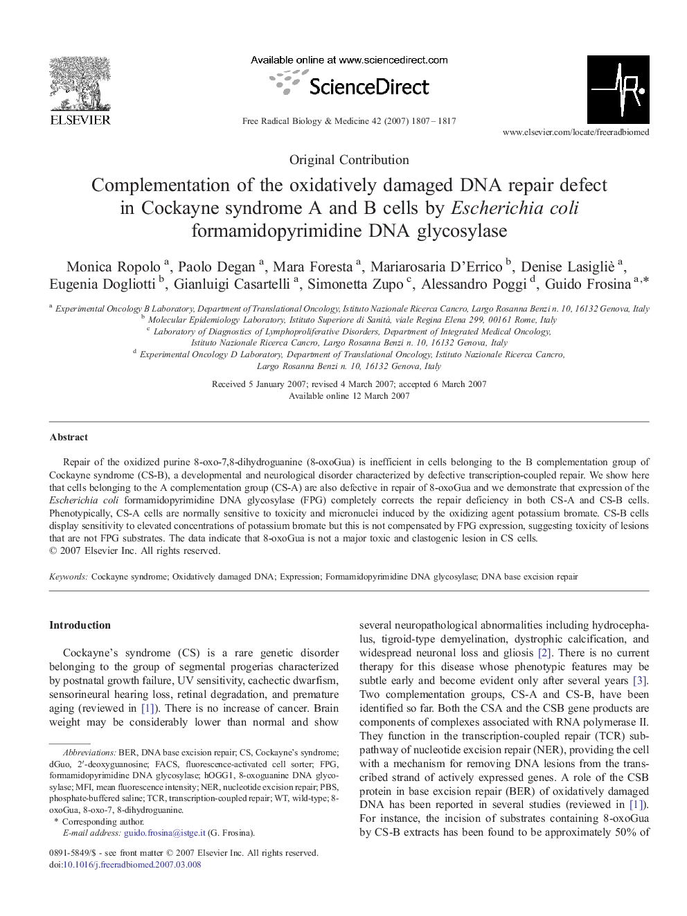 Complementation of the oxidatively damaged DNA repair defect in Cockayne syndrome A and B cells by Escherichia coli formamidopyrimidine DNA glycosylase