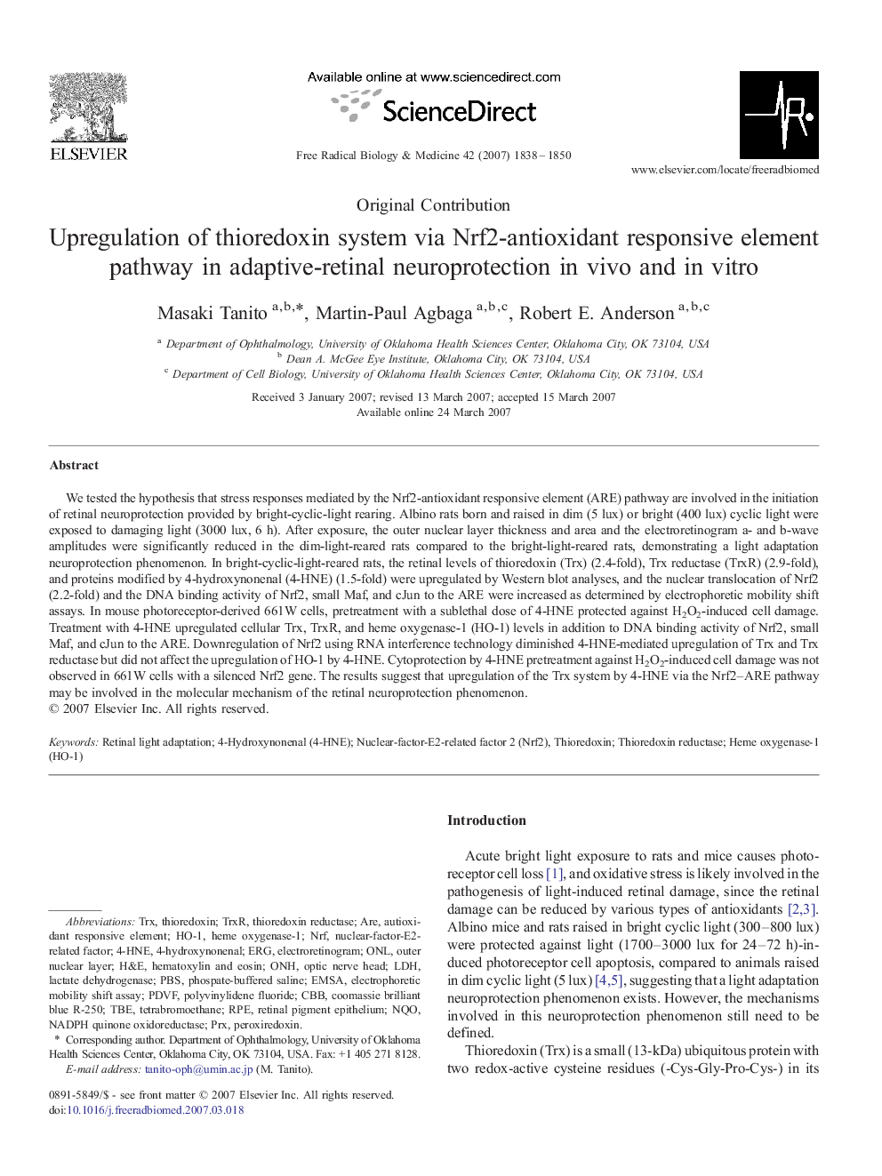 Upregulation of thioredoxin system via Nrf2-antioxidant responsive element pathway in adaptive-retinal neuroprotection in vivo and in vitro