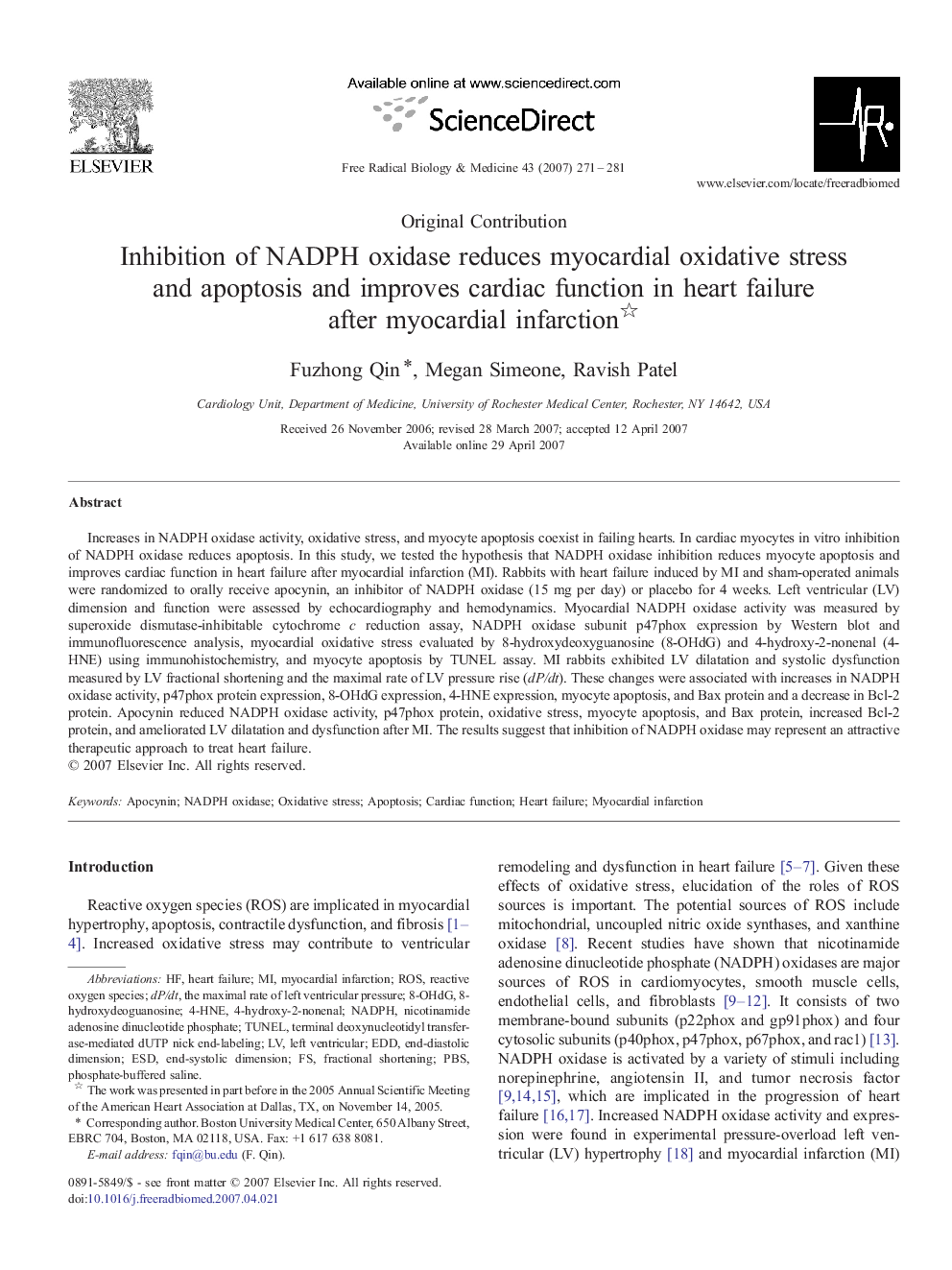 Inhibition of NADPH oxidase reduces myocardial oxidative stress and apoptosis and improves cardiac function in heart failure after myocardial infarction 