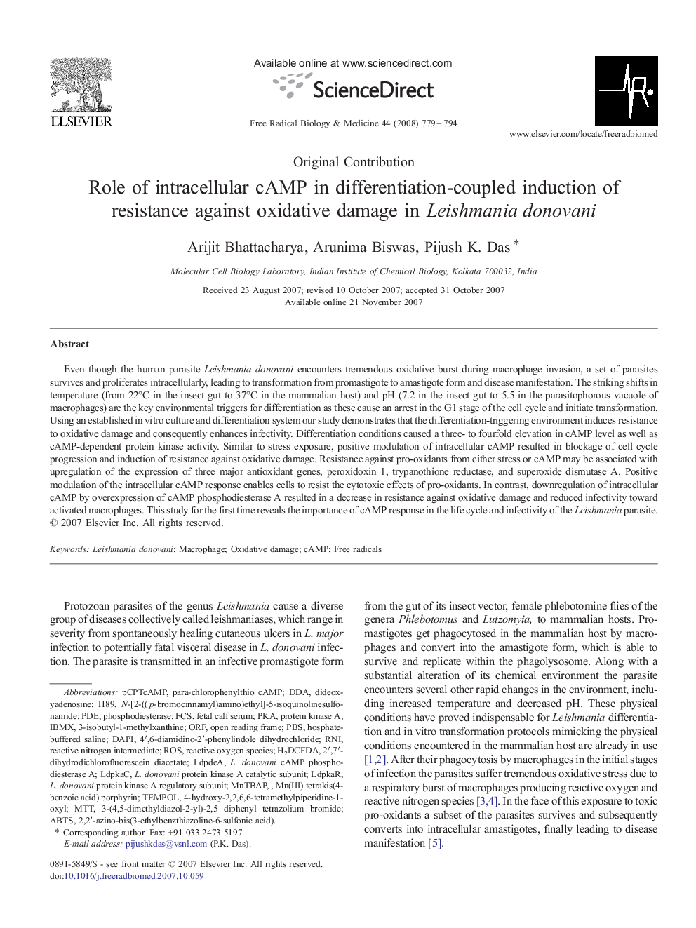 Role of intracellular cAMP in differentiation-coupled induction of resistance against oxidative damage in Leishmaniadonovani