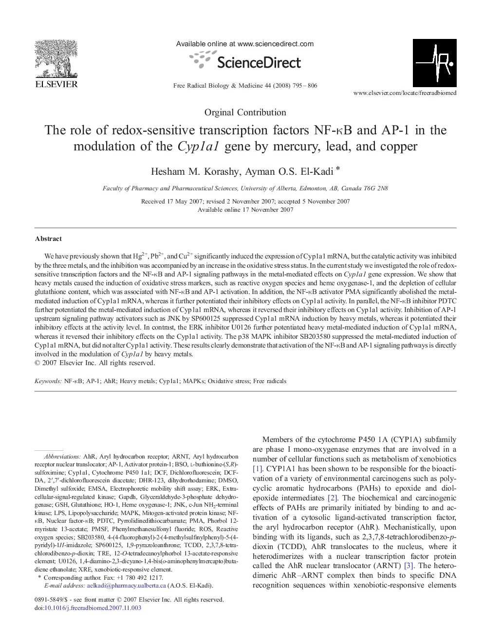 The role of redox-sensitive transcription factors NF-κB and AP-1 in the modulation of the Cyp1a1 gene by mercury, lead, and copper