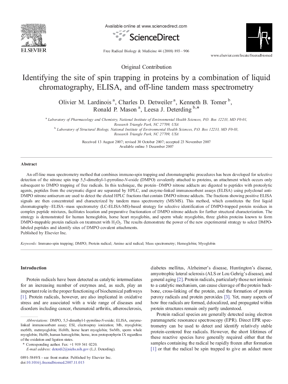 Identifying the site of spin trapping in proteins by a combination of liquid chromatography, ELISA, and off-line tandem mass spectrometry