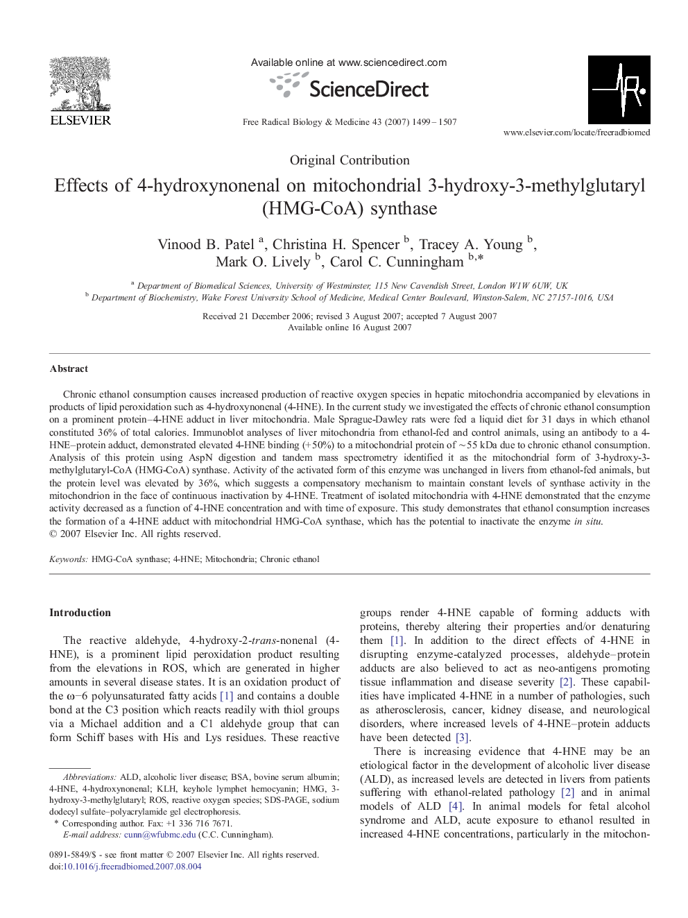 Effects of 4-hydroxynonenal on mitochondrial 3-hydroxy-3-methylglutaryl (HMG-CoA) synthase