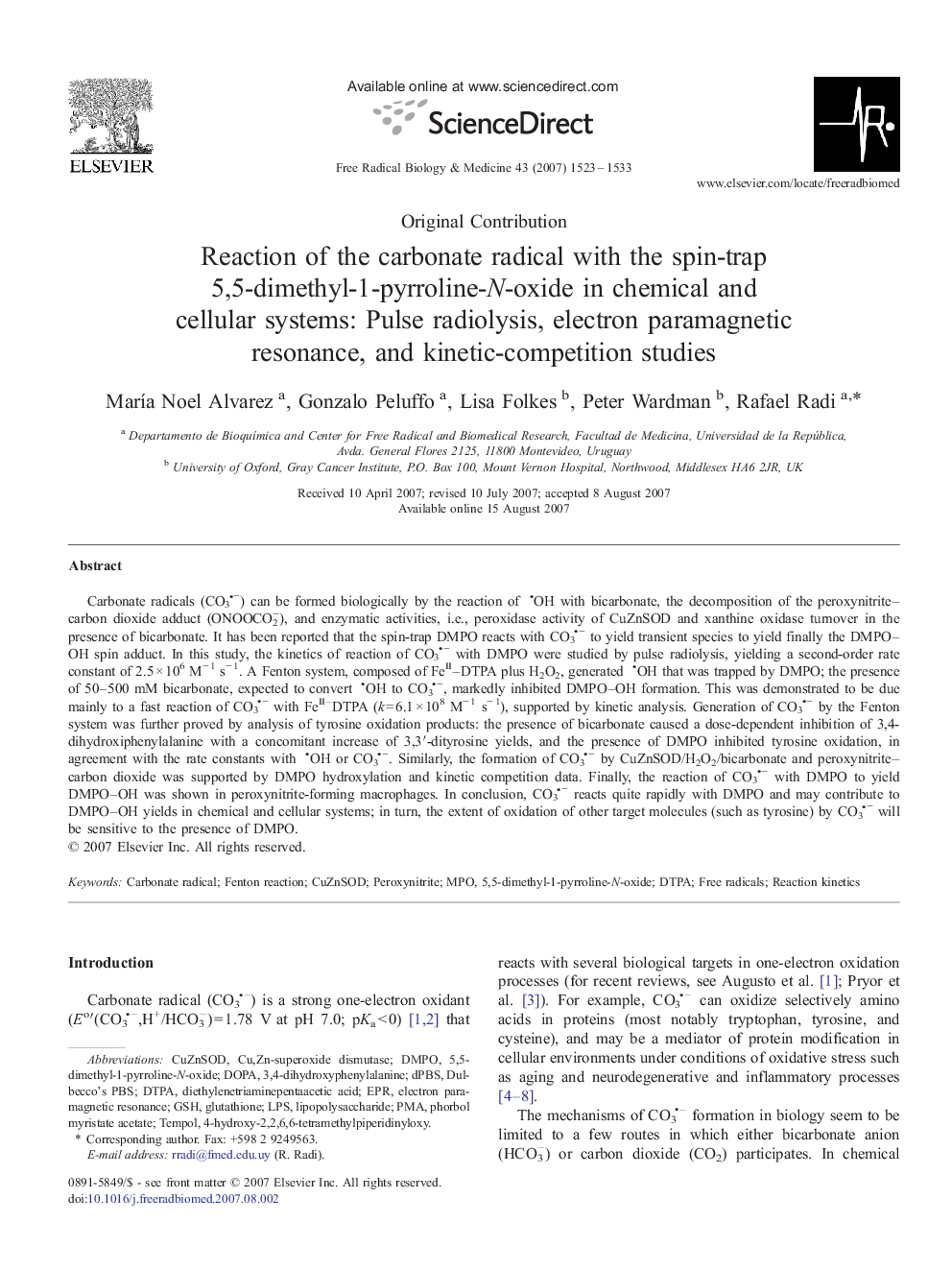 Reaction of the carbonate radical with the spin-trap 5,5-dimethyl-1-pyrroline-N-oxide in chemical and cellular systems: Pulse radiolysis, electron paramagnetic resonance, and kinetic-competition studies