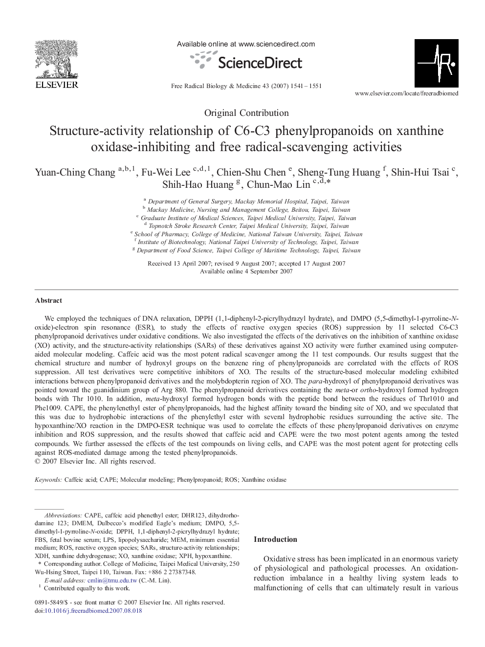 Structure-activity relationship of C6-C3 phenylpropanoids on xanthine oxidase-inhibiting and free radical-scavenging activities