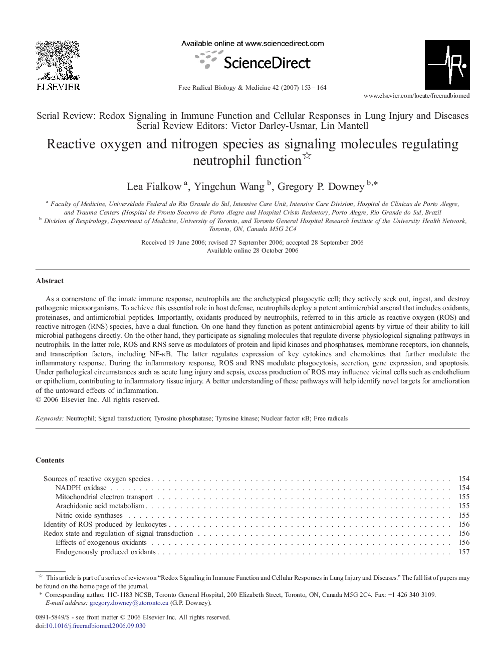 Reactive oxygen and nitrogen species as signaling molecules regulating neutrophil function 