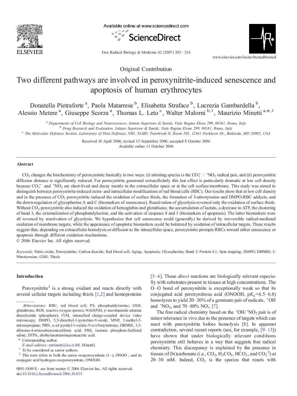 Two different pathways are involved in peroxynitrite-induced senescence and apoptosis of human erythrocytes