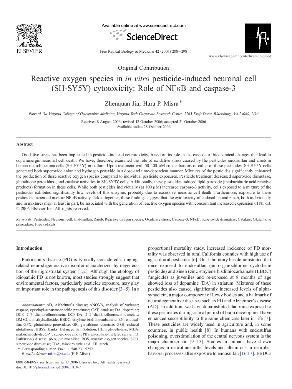عکس صفحه اول مقاله: Reactive oxygen species in in vitro pesticide-induced neuronal cell (SH-SY5Y) cytotoxicity: Role of NFκB and caspase-3 Reactive oxygen species in in vitro pesticide-induced neuronal cell (SH-SY5Y) cytotoxicity: Role of NFκB and caspase-3
