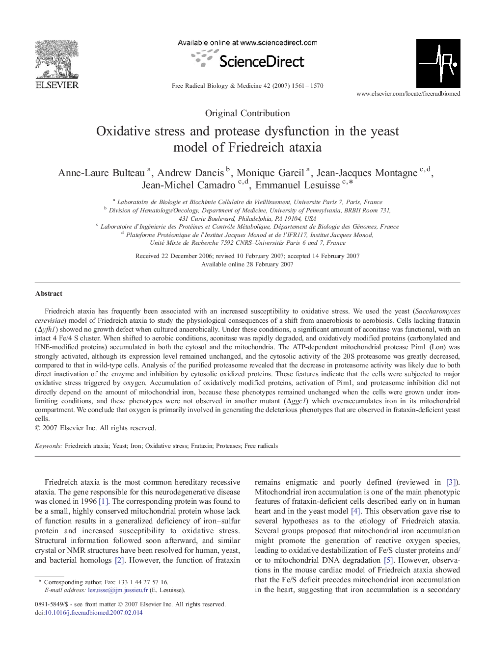 Oxidative stress and protease dysfunction in the yeast model of Friedreich ataxia