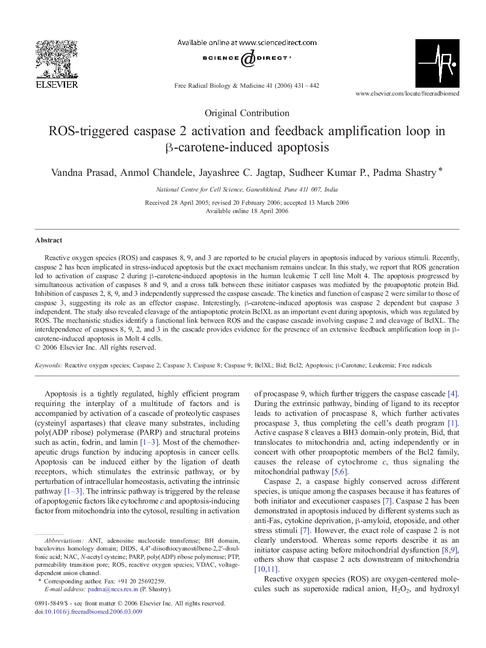 ROS-triggered caspase 2 activation and feedback amplification loop in β-carotene-induced apoptosis