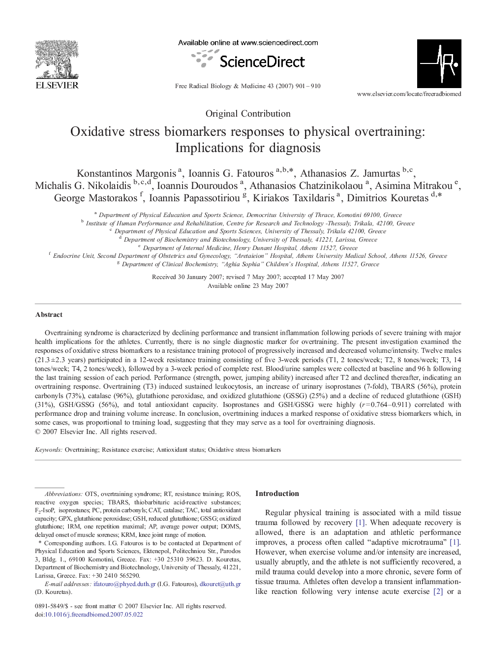 Oxidative stress biomarkers responses to physical overtraining: Implications for diagnosis