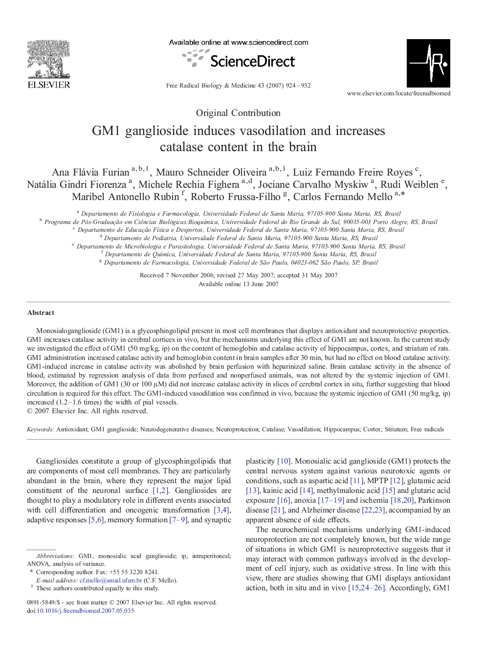 GM1 ganglioside induces vasodilation and increases catalase content in the brain