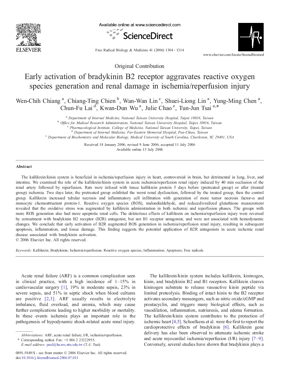 Early activation of bradykinin B2 receptor aggravates reactive oxygen species generation and renal damage in ischemia/reperfusion injury