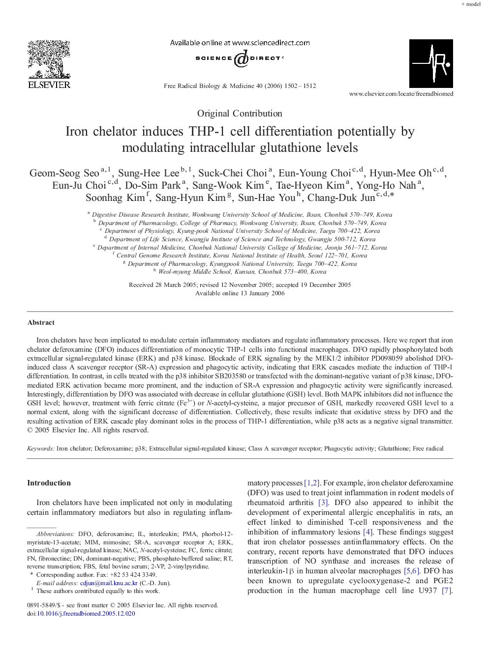 Iron chelator induces THP-1 cell differentiation potentially by modulating intracellular glutathione levels