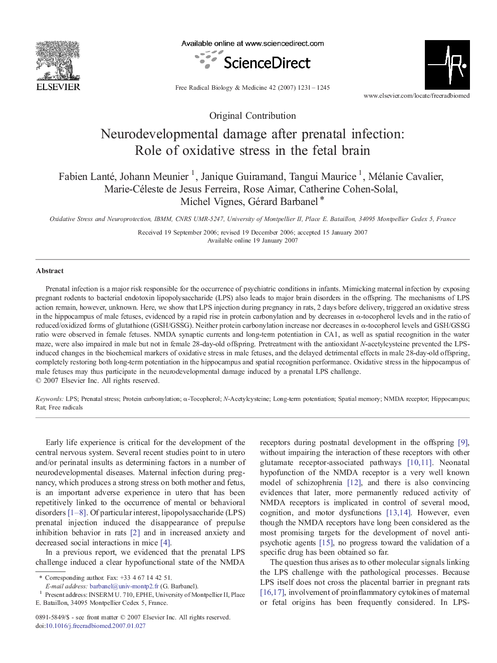 Neurodevelopmental damage after prenatal infection: Role of oxidative stress in the fetal brain