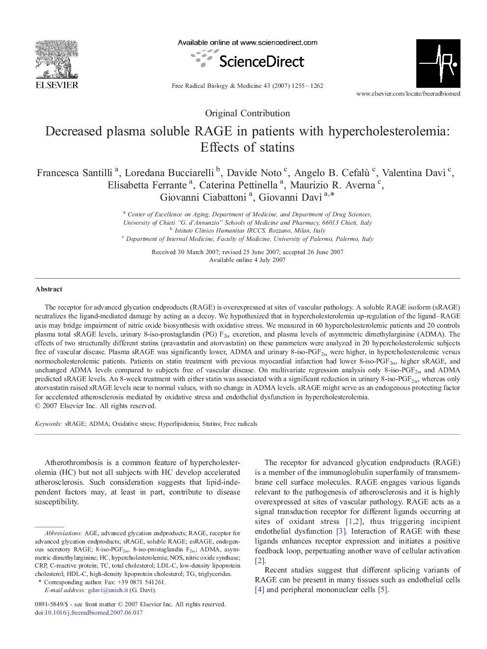 Decreased plasma soluble RAGE in patients with hypercholesterolemia: Effects of statins