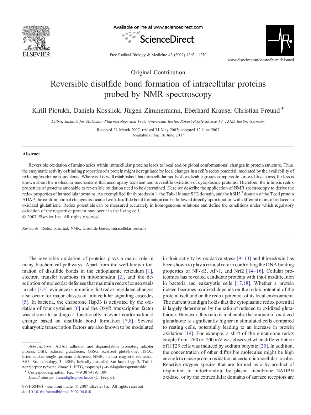 Reversible disulfide bond formation of intracellular proteins probed by NMR spectroscopy