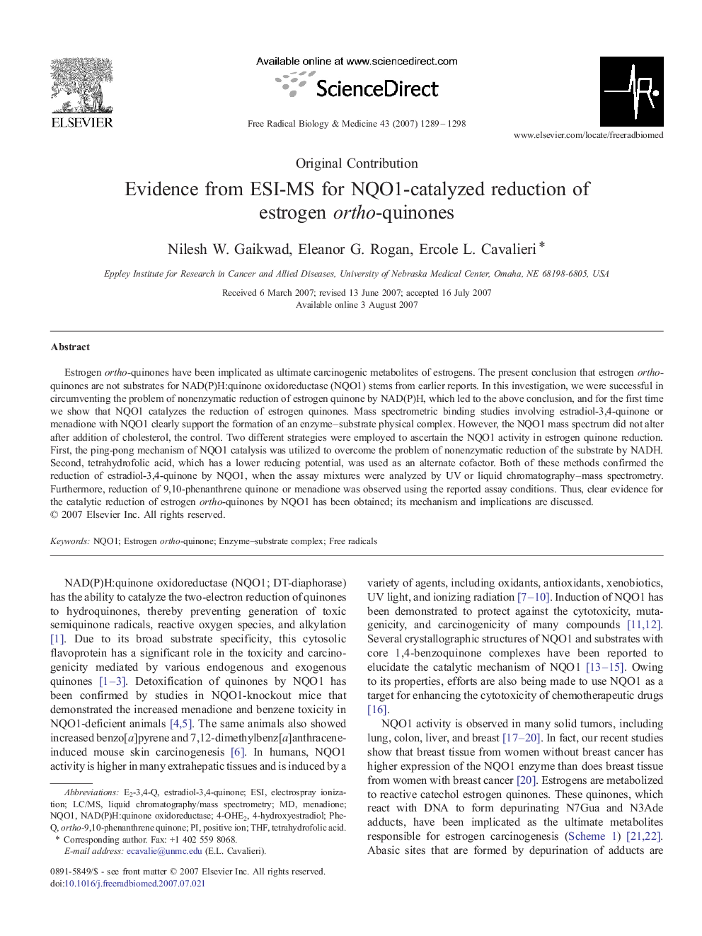 Evidence from ESI-MS for NQO1-catalyzed reduction of estrogen ortho-quinones