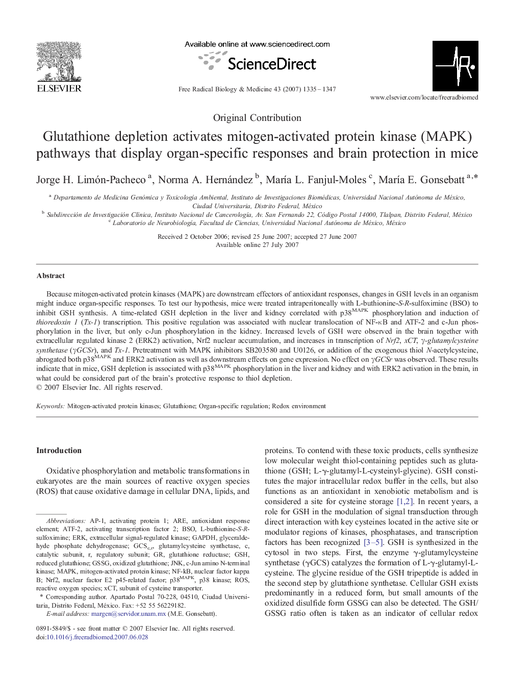 Glutathione depletion activates mitogen-activated protein kinase (MAPK) pathways that display organ-specific responses and brain protection in mice