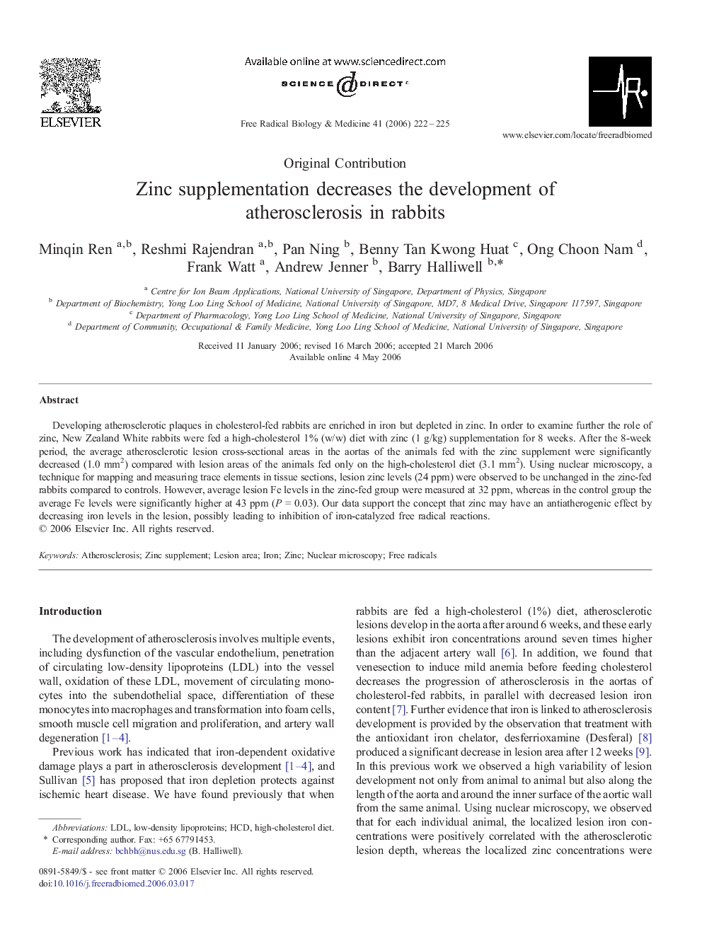 Zinc supplementation decreases the development of atherosclerosis in rabbits