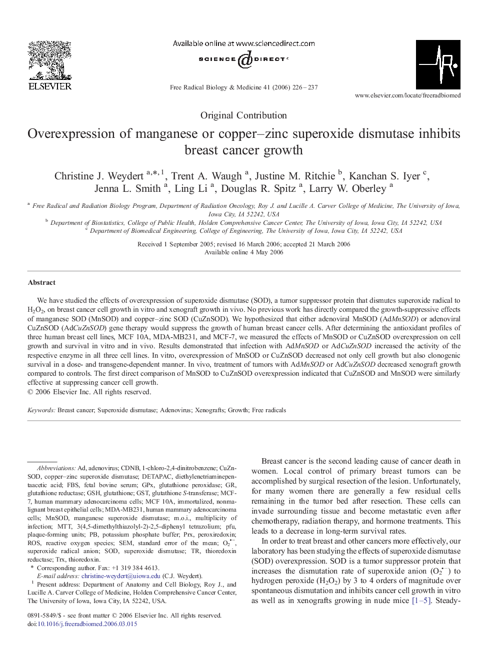 Overexpression of manganese or copper–zinc superoxide dismutase inhibits breast cancer growth