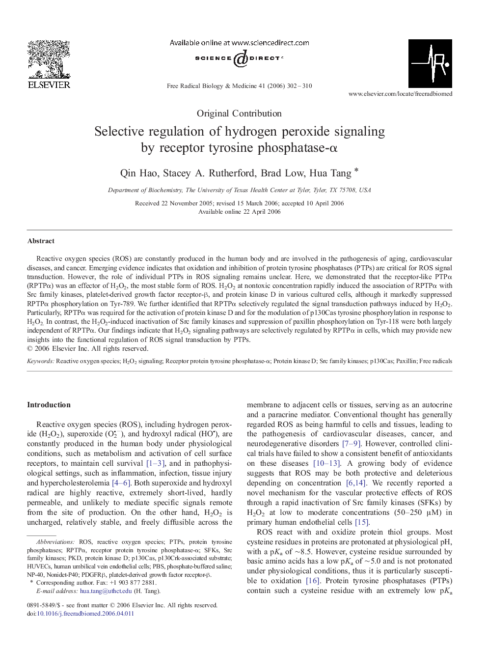 Selective regulation of hydrogen peroxide signaling by receptor tyrosine phosphatase-α