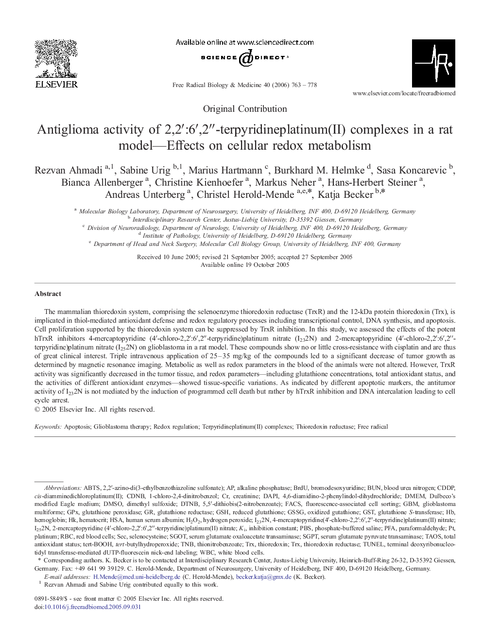 Antiglioma activity of 2,2′:6′,2ʺ-terpyridineplatinum(II) complexes in a rat model—Effects on cellular redox metabolism