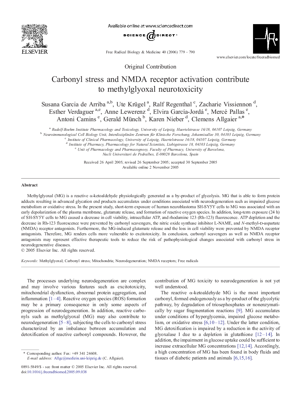 Carbonyl stress and NMDA receptor activation contribute to methylglyoxal neurotoxicity