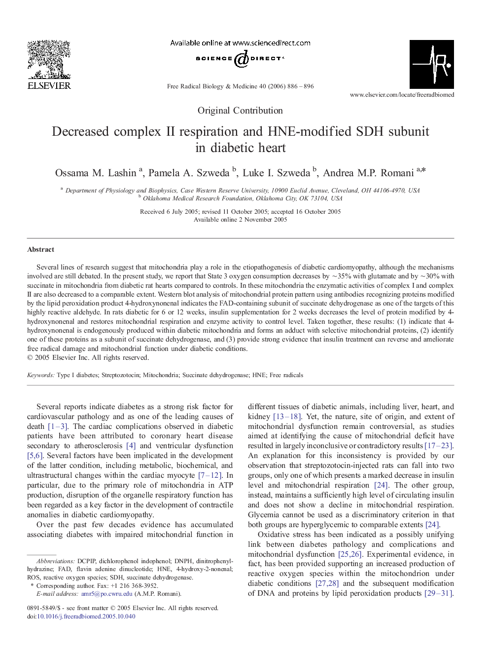 Decreased complex II respiration and HNE-modified SDH subunit in diabetic heart