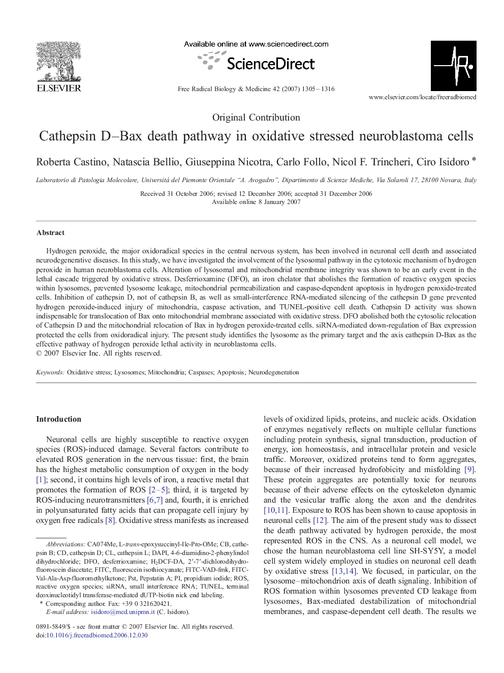 Cathepsin D–Bax death pathway in oxidative stressed neuroblastoma cells