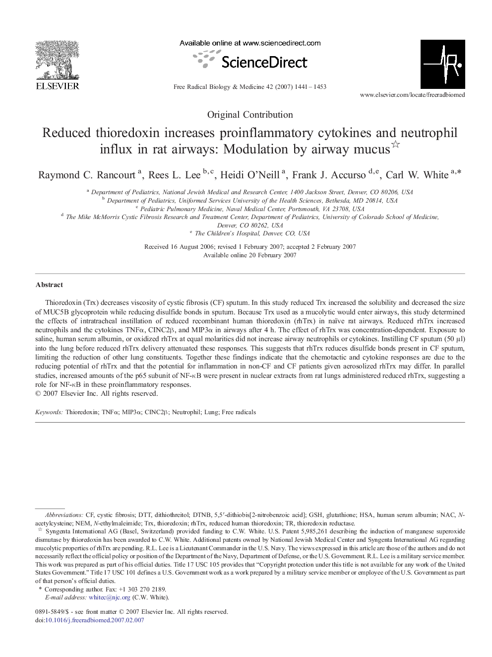 Reduced thioredoxin increases proinflammatory cytokines and neutrophil influx in rat airways: Modulation by airway mucus