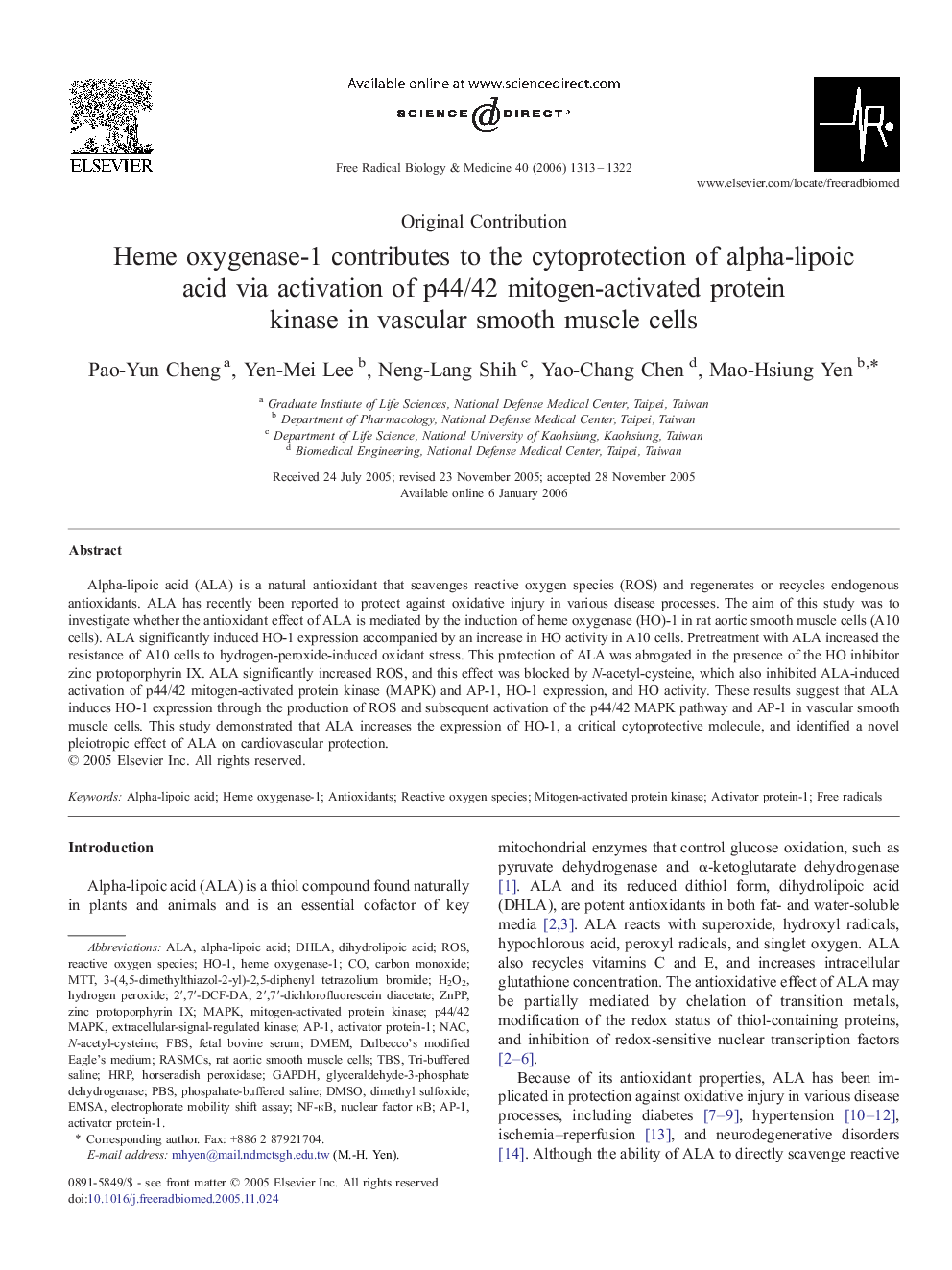 Heme oxygenase-1 contributes to the cytoprotection of alpha-lipoic acid via activation of p44/42 mitogen-activated protein kinase in vascular smooth muscle cells