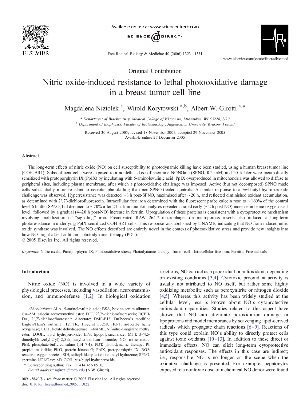 Nitric oxide-induced resistance to lethal photooxidative damage in a breast tumor cell line