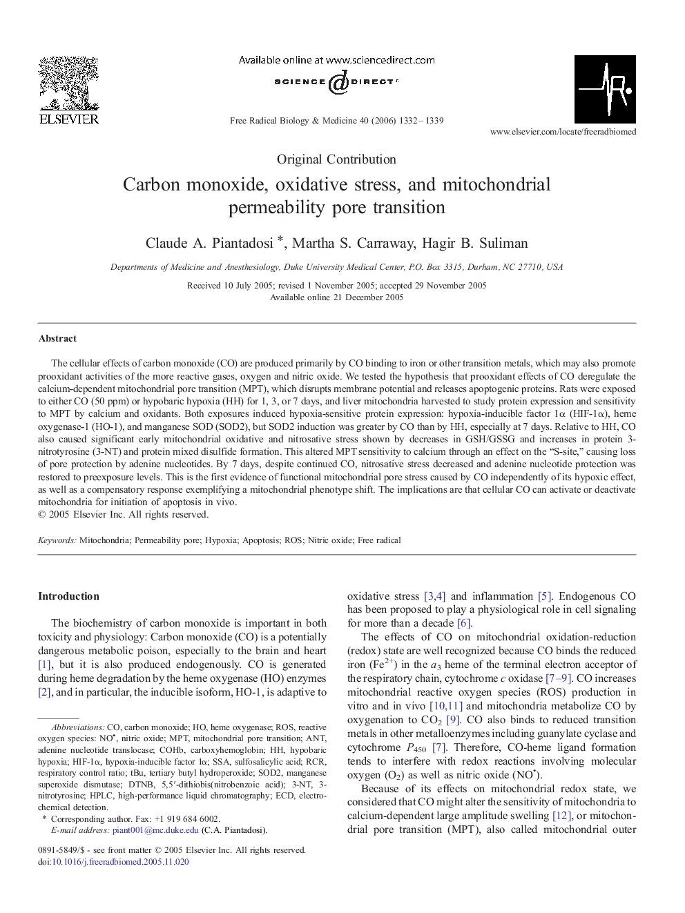 Carbon monoxide, oxidative stress, and mitochondrial permeability pore transition