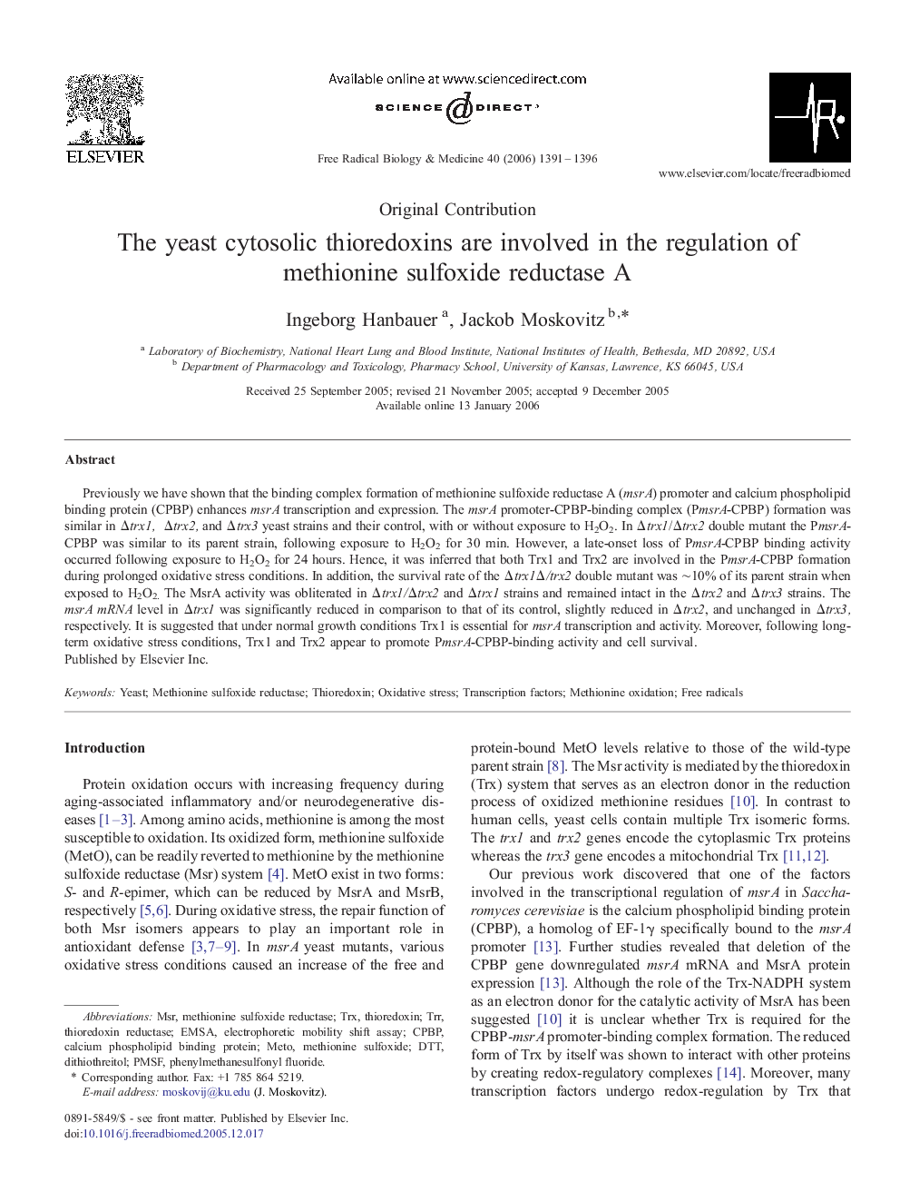 The yeast cytosolic thioredoxins are involved in the regulation of methionine sulfoxide reductase A