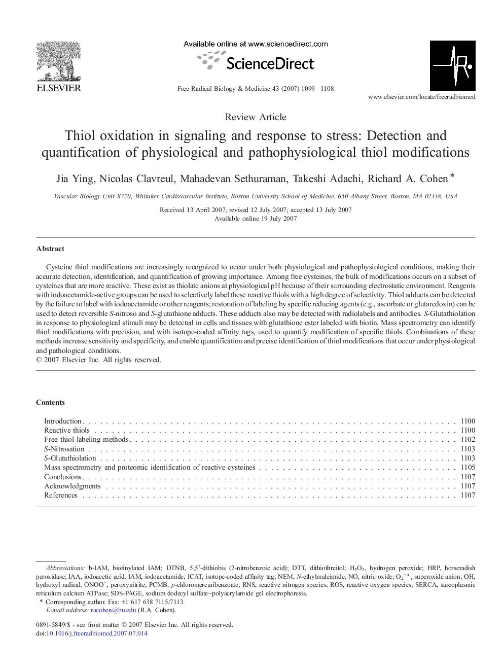 Thiol oxidation in signaling and response to stress: Detection and quantification of physiological and pathophysiological thiol modifications