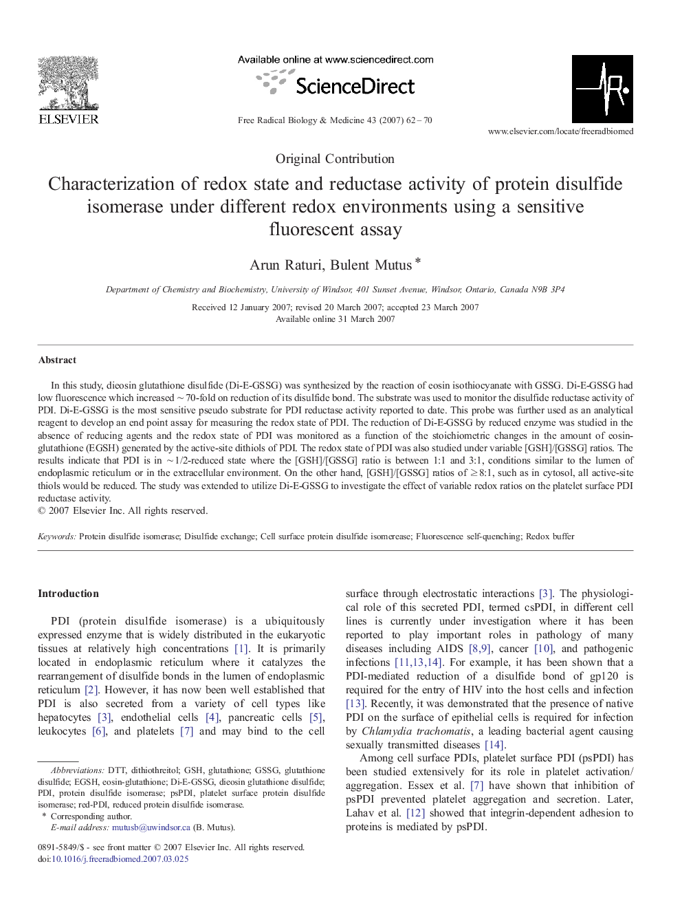 Characterization of redox state and reductase activity of protein disulfide isomerase under different redox environments using a sensitive fluorescent assay