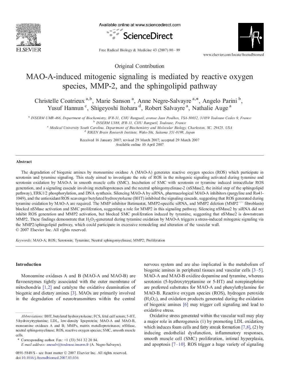 MAO-A-induced mitogenic signaling is mediated by reactive oxygen species, MMP-2, and the sphingolipid pathway