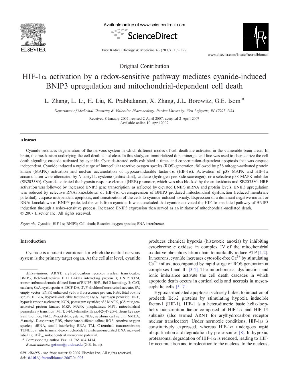 HIF-1α activation by a redox-sensitive pathway mediates cyanide-induced BNIP3 upregulation and mitochondrial-dependent cell death