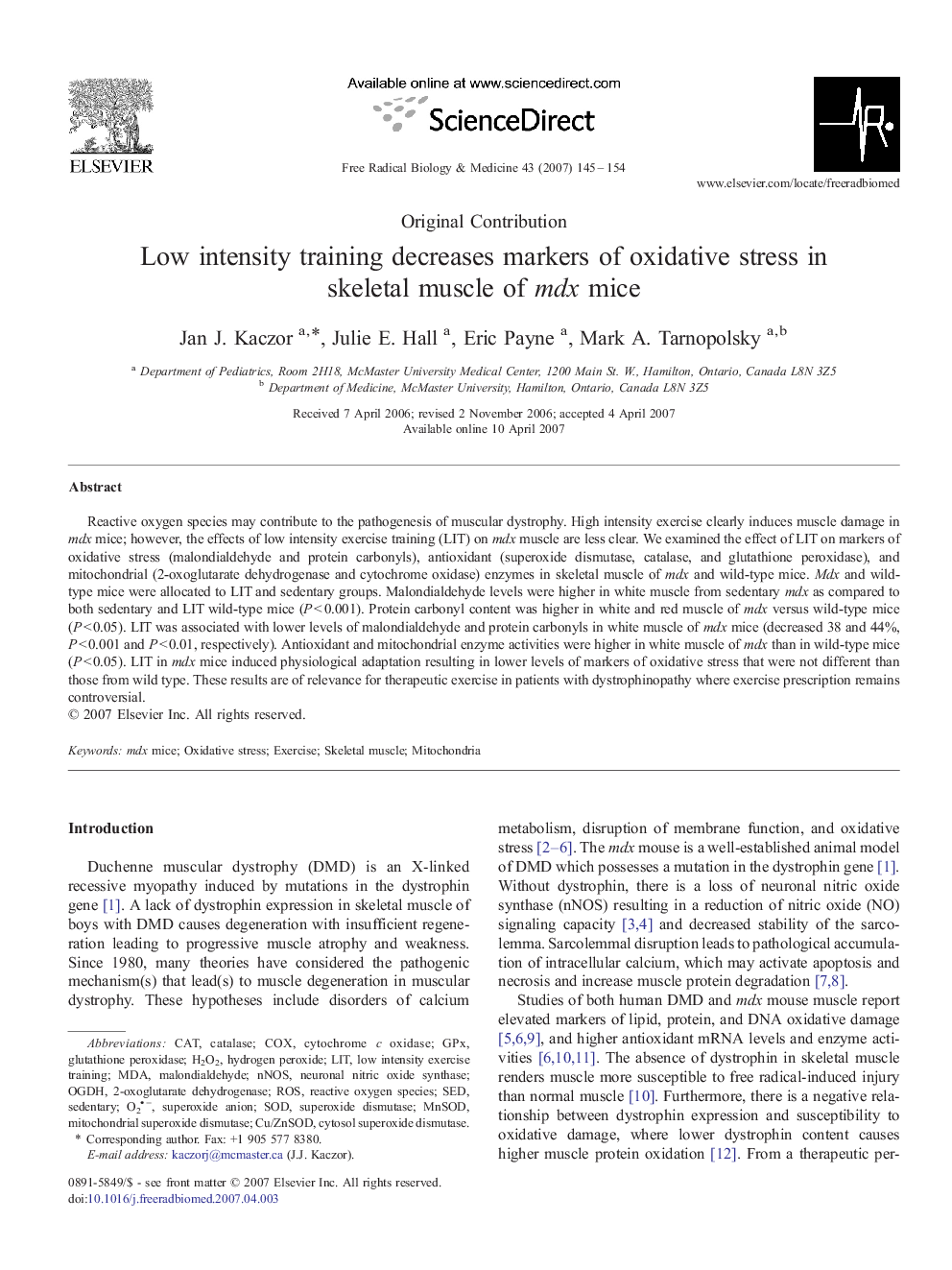 Low intensity training decreases markers of oxidative stress in skeletal muscle of mdx mice