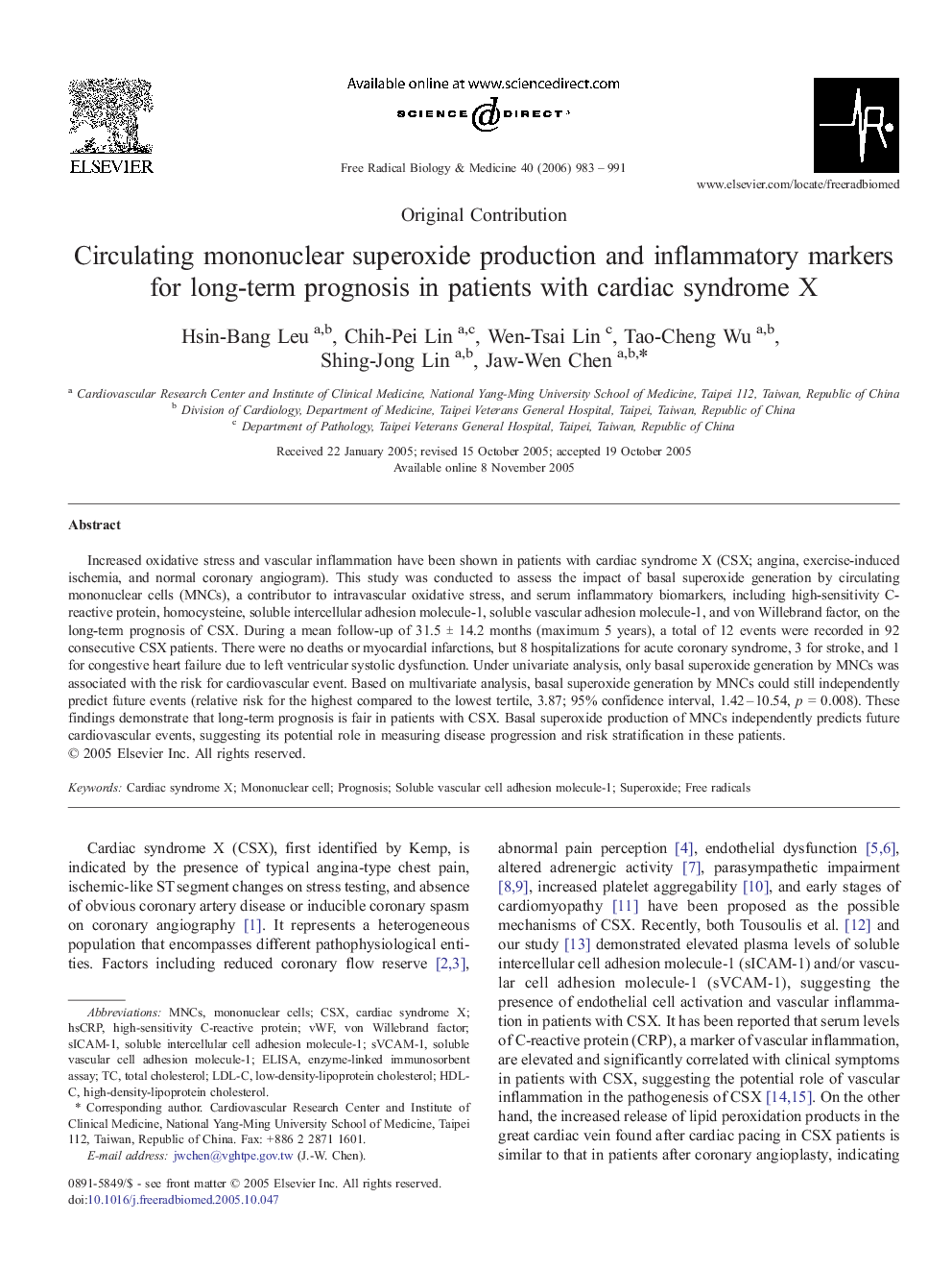 Circulating mononuclear superoxide production and inflammatory markers for long-term prognosis in patients with cardiac syndrome X