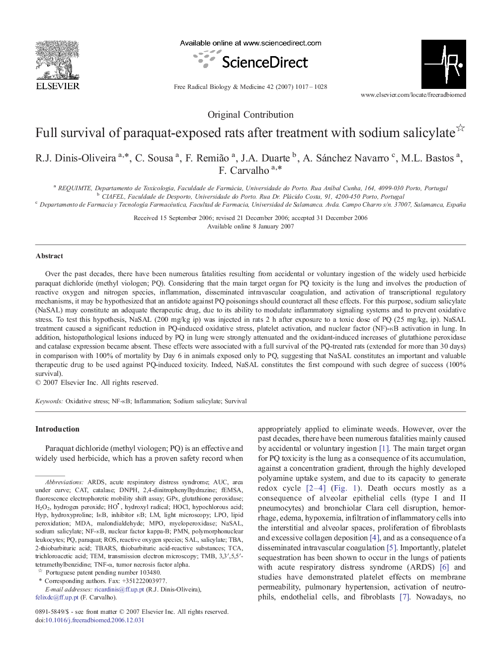 عکس صفحه اول مقاله: Full survival of paraquat-exposed rats after treatment with sodium salicylate Full survival of paraquat-exposed rats after treatment with sodium salicylate