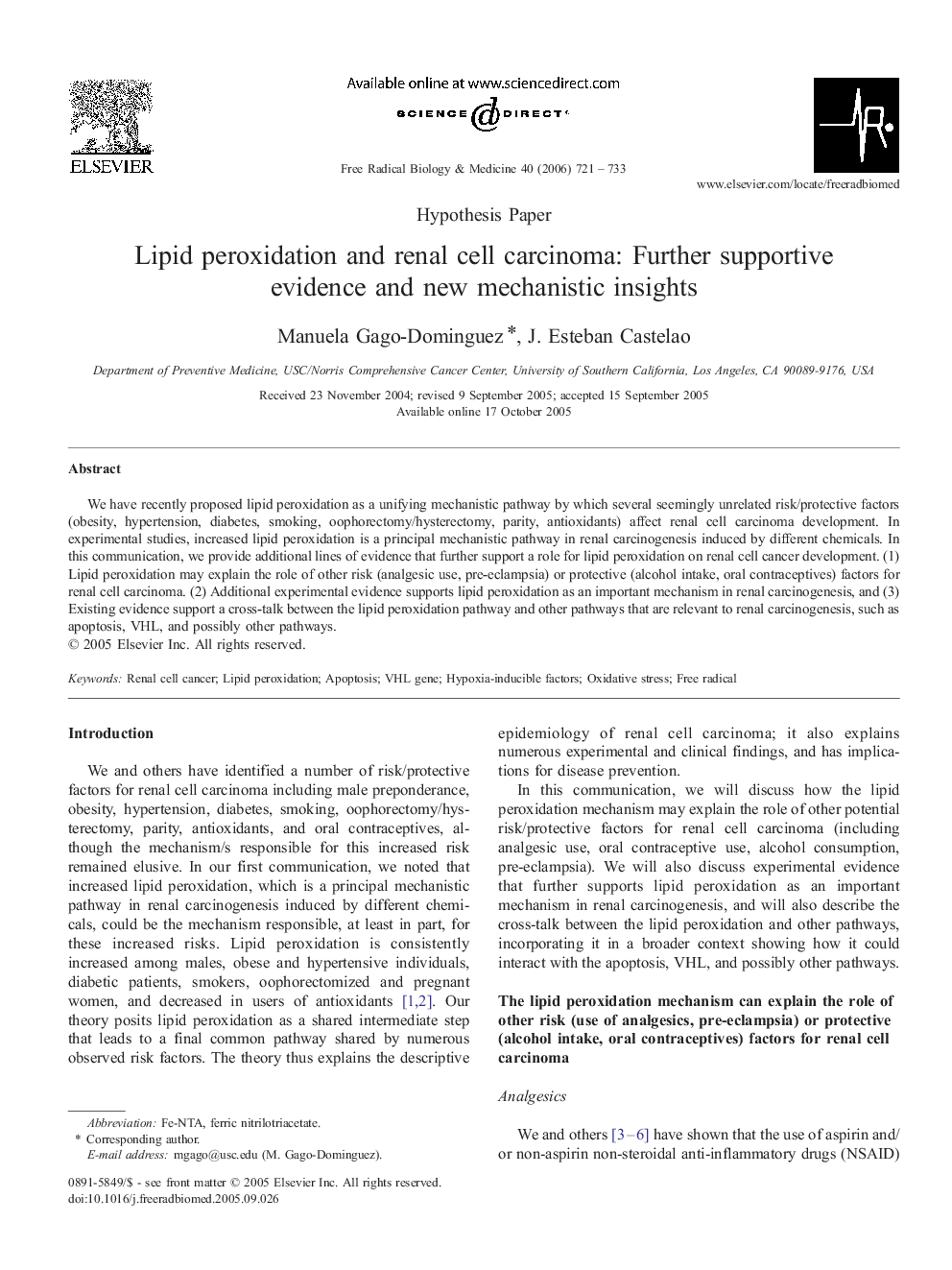 Lipid peroxidation and renal cell carcinoma: further supportive evidence and new mechanistic insights