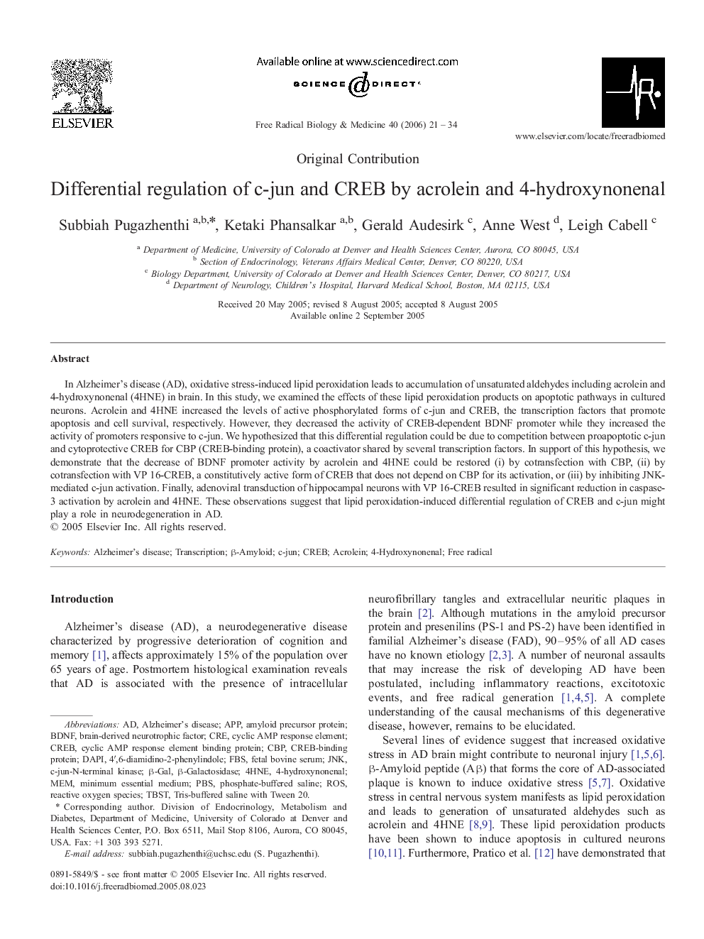 Differential regulation of c-jun and CREB by acrolein and 4-hydroxynonenal