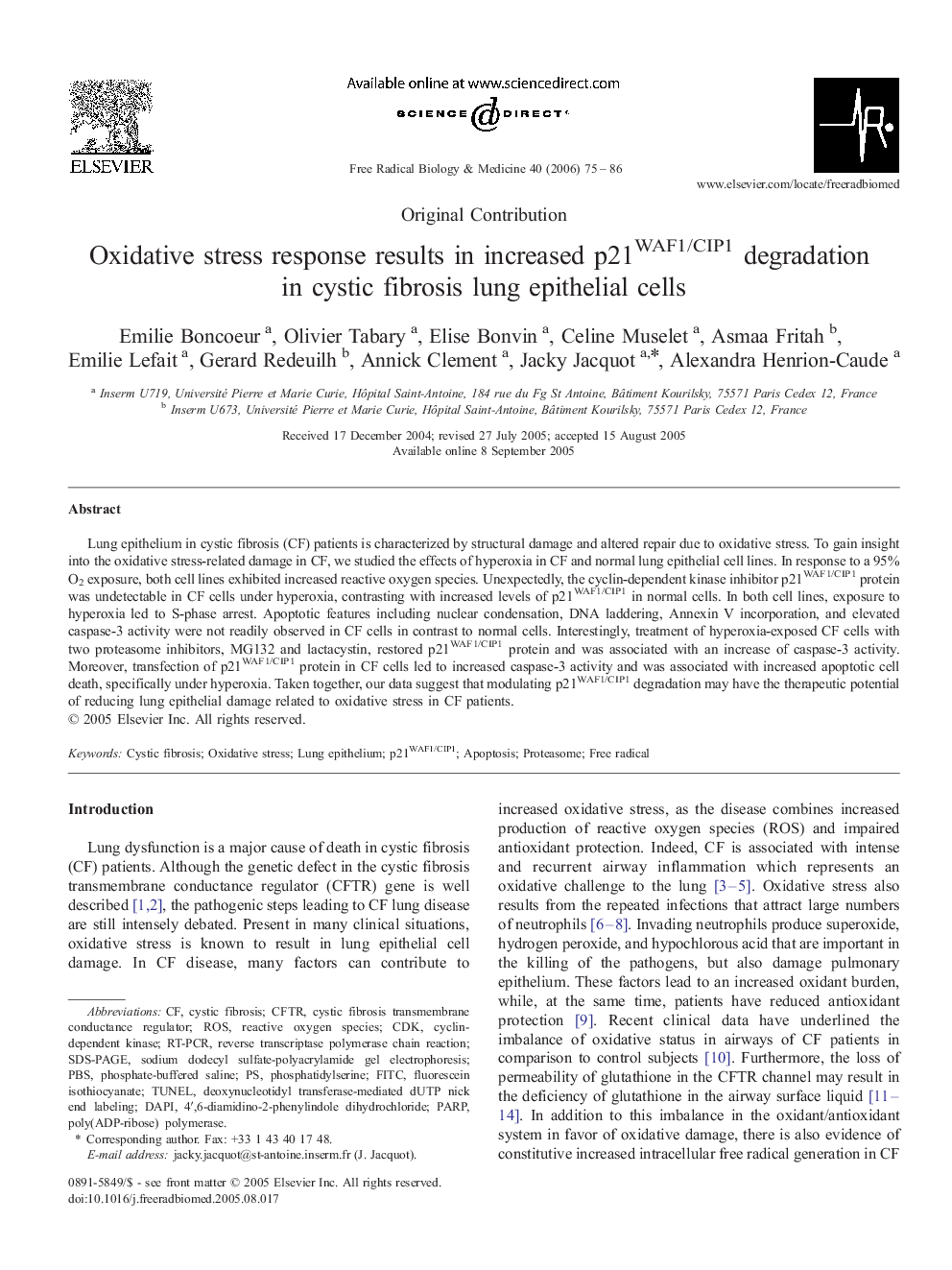 Oxidative stress response results in increased p21WAF1/CIP1 degradation in cystic fibrosis lung epithelial cells